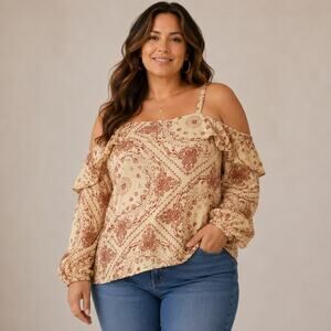 American Rag Cold Shoulder Blouse Womens 2X Cream & Pink Paisley Ruffles NWT